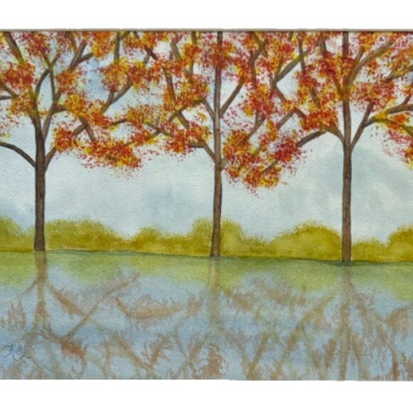 Painting Watercolor Autumn Trees Lake Landscape Original Art 11x14 and Mat 16x20 - Picture 1 of 3
